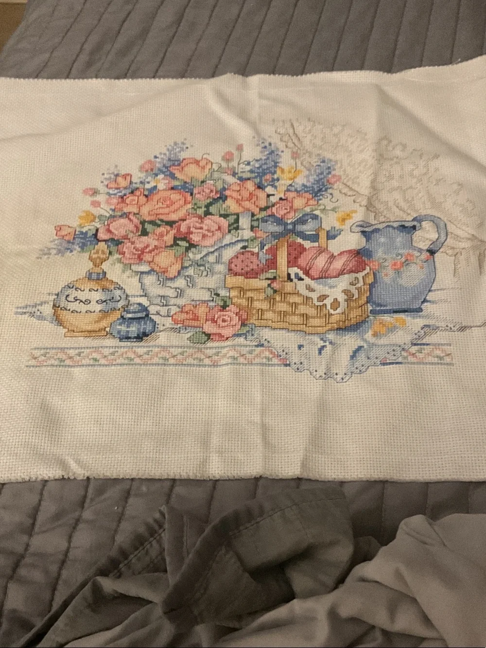 Hand-Embroidered Floral Still Life Cross-Stitch - Pink and Blue